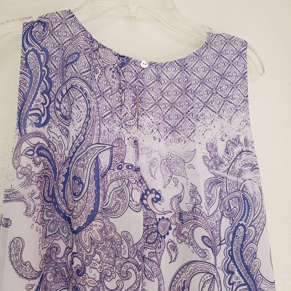 Daniel Rainn Top Sleeveless Pullover Blouse L White Purple Sheer Lined Paisley - Picture 8 of 14